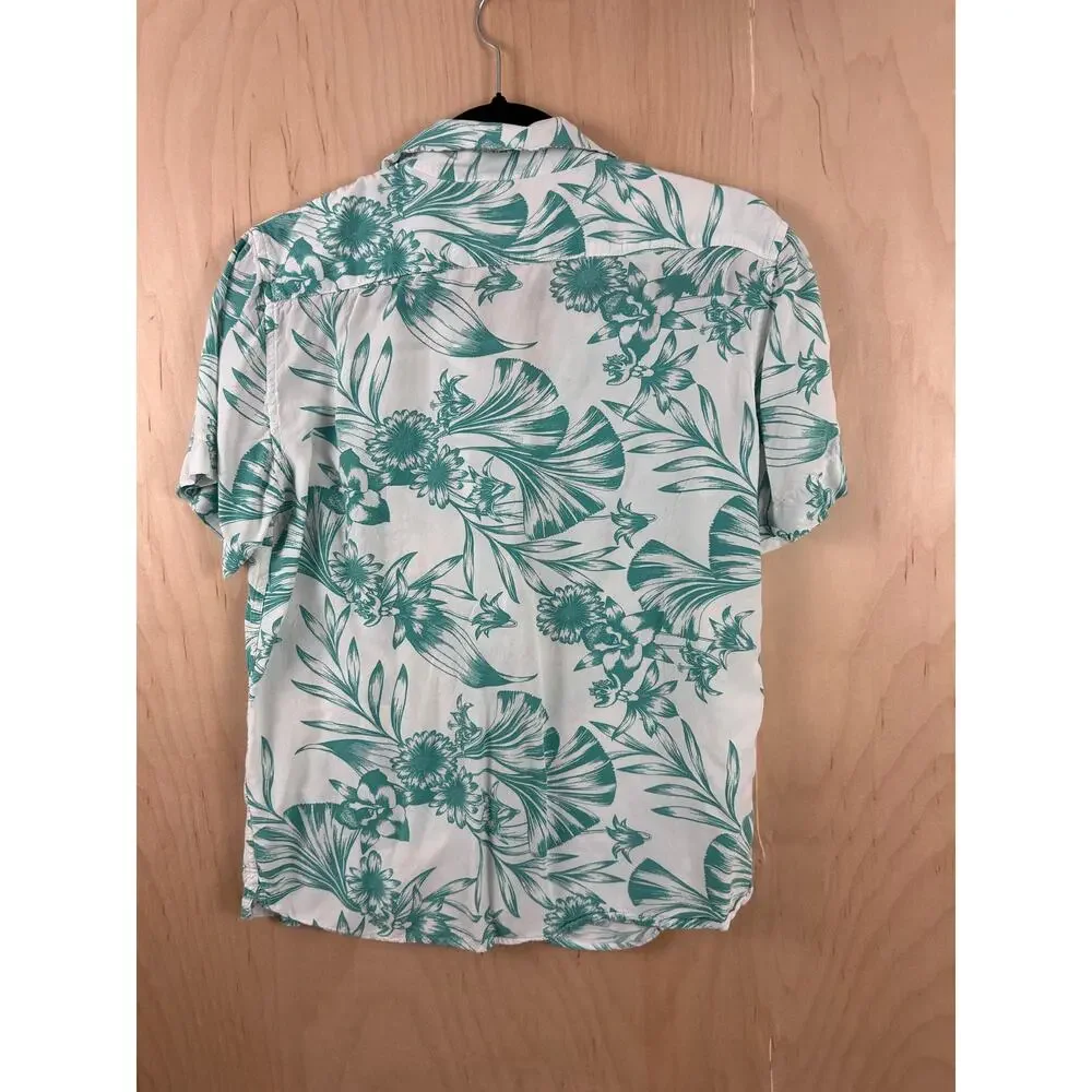 Banana Republic Hawaiian aloha Shirt Mens Small Green‎ White Floral Short Sleeve